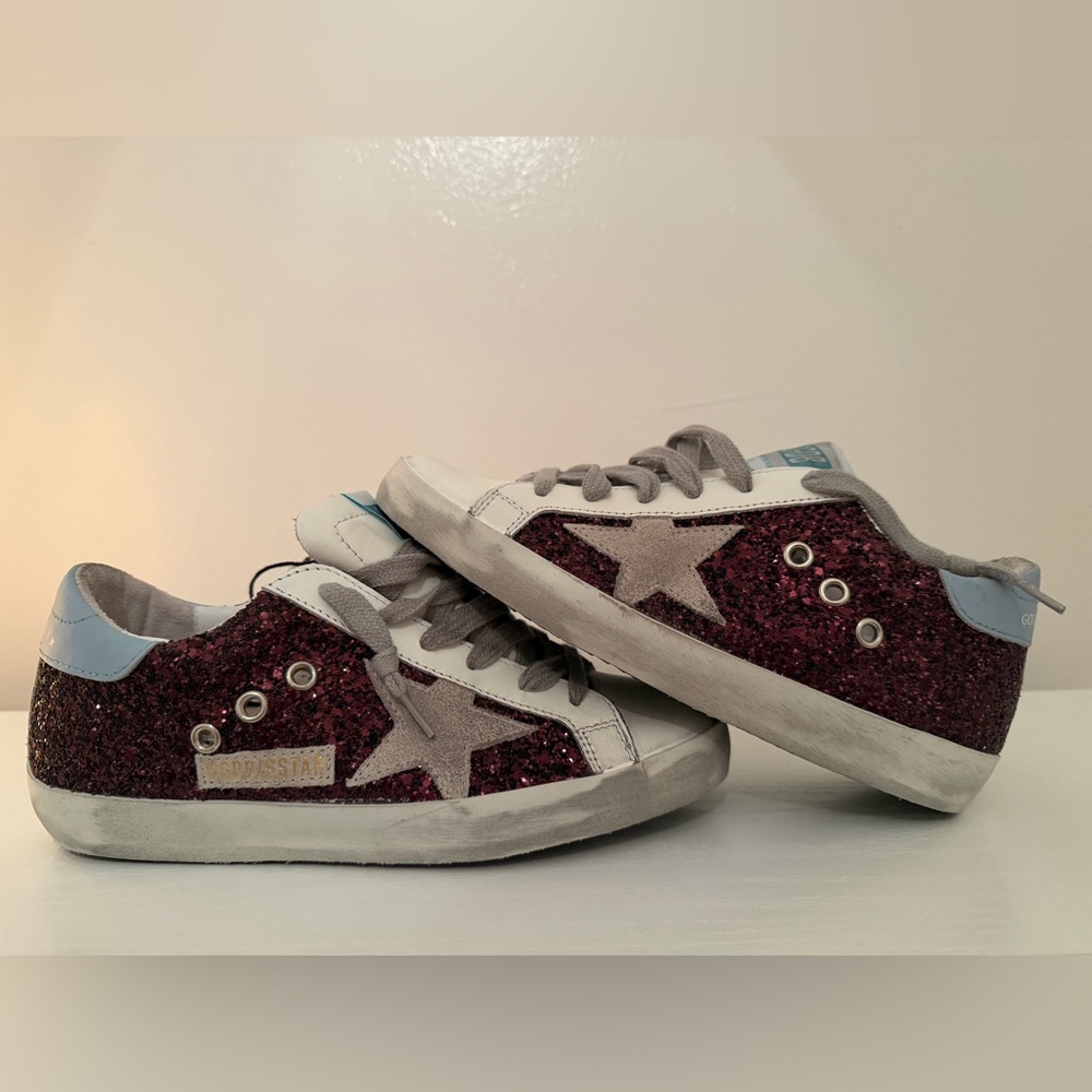 Golden Goose Burgundy Glitter and Light Blue Sneakers